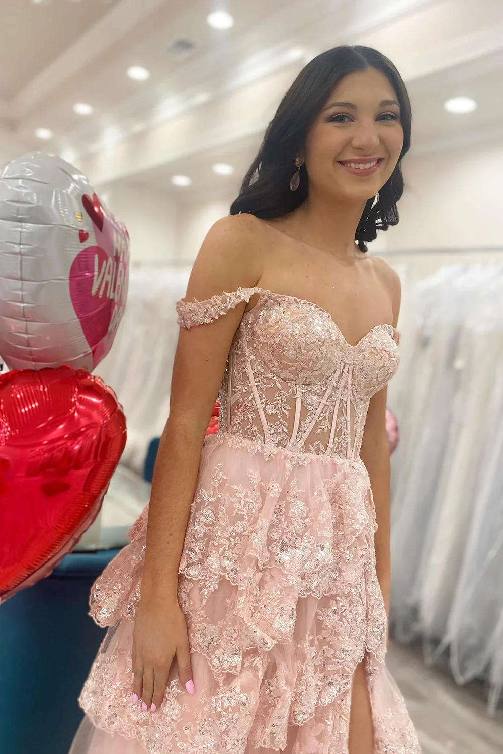 Pretty A-Line Off The Shoulder Pink Lace Slit Long Formal Prom Dresses Formal Evening Dresses