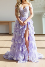 Pretty A-Line Off The Shoulder Pink Lace Slit Long Formal Prom Dresses Formal Evening Dresses