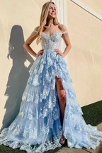 Pretty A-Line Off The Shoulder Pink Lace Slit Long Formal Prom Dresses Formal Evening Dresses