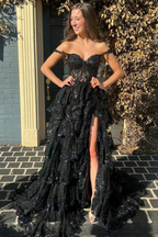 Pretty A-Line Off The Shoulder Pink Lace Slit Long Formal Prom Dresses Formal Evening Dresses
