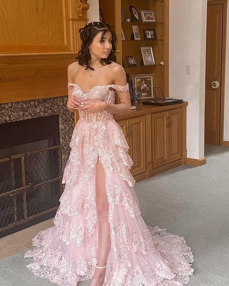 Pretty A-Line Off The Shoulder Pink Lace Slit Long Formal Prom Dresses Formal Evening Dresses Main image