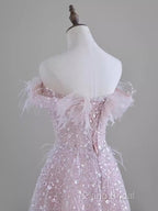 Pretty A Line Off The Shoulder Pink Sequin Long Formal Party Dresses Formal Prom Dresses