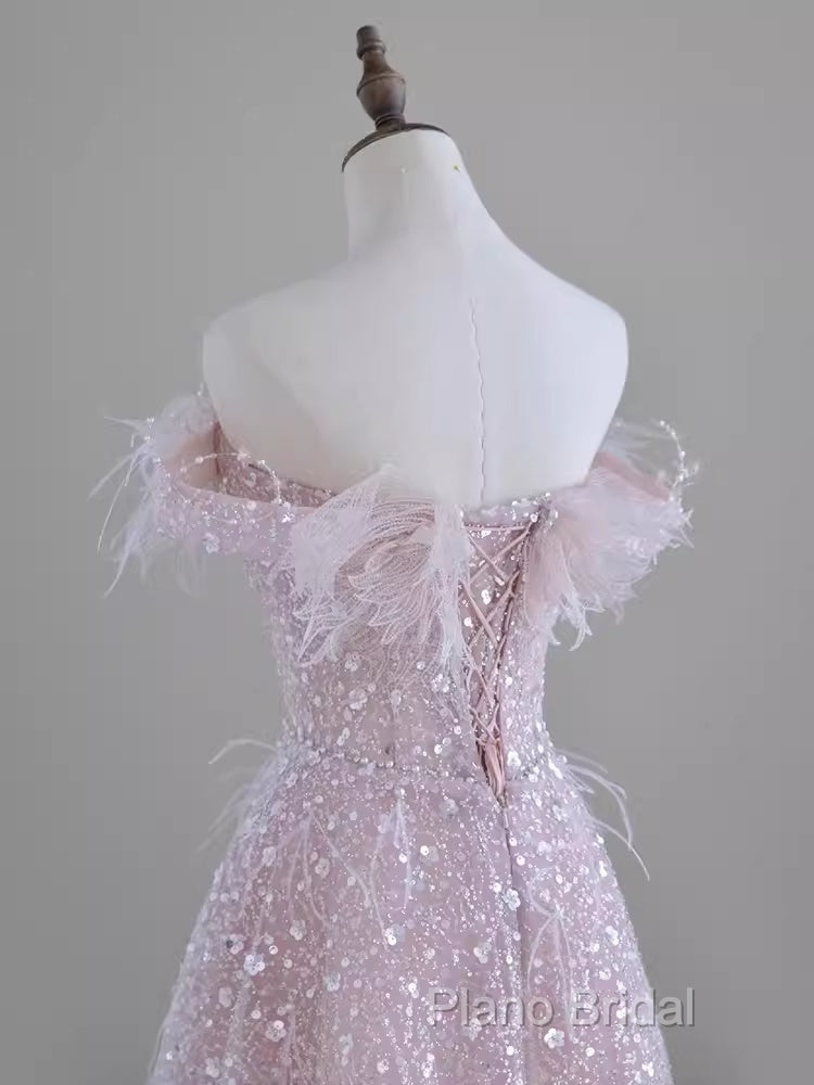 Pretty A Line Off The Shoulder Pink Sequin Long Formal Party Dresses Formal Prom Dresses