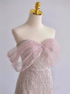 Pretty A Line Off The Shoulder Pink Sequin Long Formal Party Dresses Formal Prom Dresses With Beads