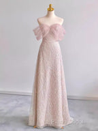 Pretty A Line Off The Shoulder Pink Sequin Long Formal Party Dresses Formal Prom Dresses With Beads
