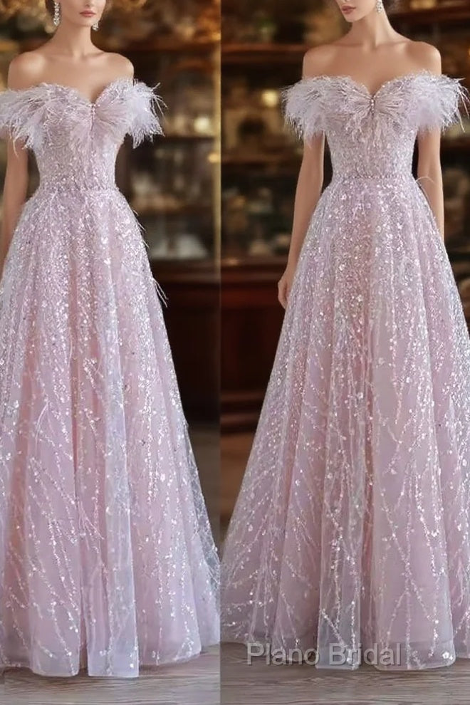 Pretty A Line Off The Shoulder Pink Sequin Long Formal Party Dresses Formal Prom Dresses Main image