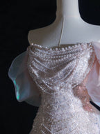 Pretty A Line Off The Shoulder Pink Sequin Long Formal Prom Dresses Formal Evening Gowns