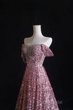 Pretty A Line Off The Shoulder Pink Sequin Long Formal Prom Dresses Formal Gowns