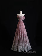 Pretty A Line Off The Shoulder Pink Sequin Long Formal Prom Dresses Formal Gowns
