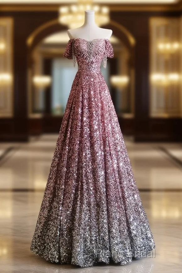 Pretty A Line Off The Shoulder Pink Sequin Long Formal Prom Dresses Formal Gowns Main image