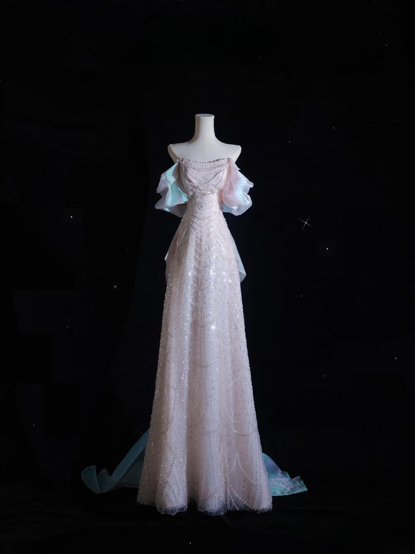 Pretty A Line Off The Shoulder Pink Sequin Long Formal Prom Dresses Formal Evening Gowns Main image