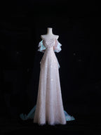 Pretty A Line Off The Shoulder Pink Sequin Long Formal Prom Dresses Formal Evening Gowns