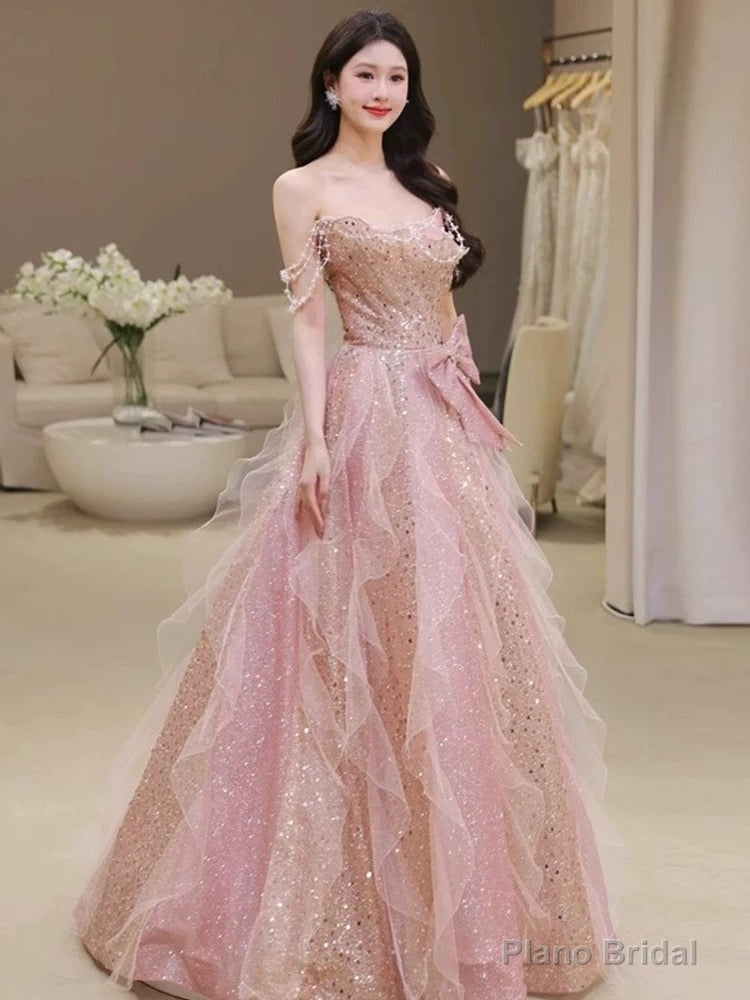 Pretty A Line Off The Shoulder Tulle Pink Floor Length Evening Dress Prom Dresses