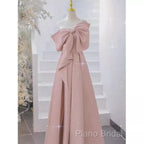 Pretty A Line One Shoulder Pink Satin Long Formal Party Dresses Formal Prom Dresses With Bowknot