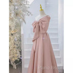 Pretty A Line One Shoulder Pink Satin Long Formal Party Dresses Formal Prom Dresses With Bowknot