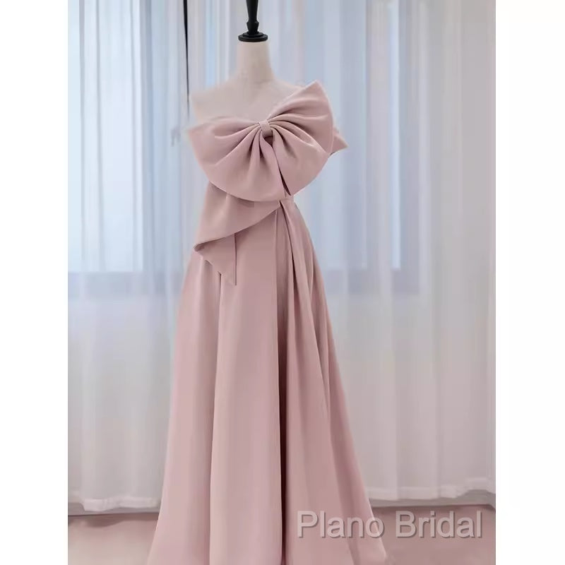 Pretty A Line One Shoulder Pink Satin Long Formal Party Dresses Formal Prom Dresses With Bowknot