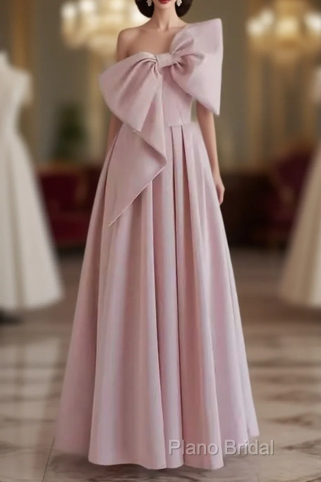 Pretty A Line One Shoulder Pink Satin Long Formal Party Dresses Formal Prom Dresses With Bowknot Main image