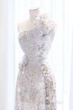 Pretty A Line One Shoulder Silver Sequin Long Length Formal Dresses Formal Prom Dresses
