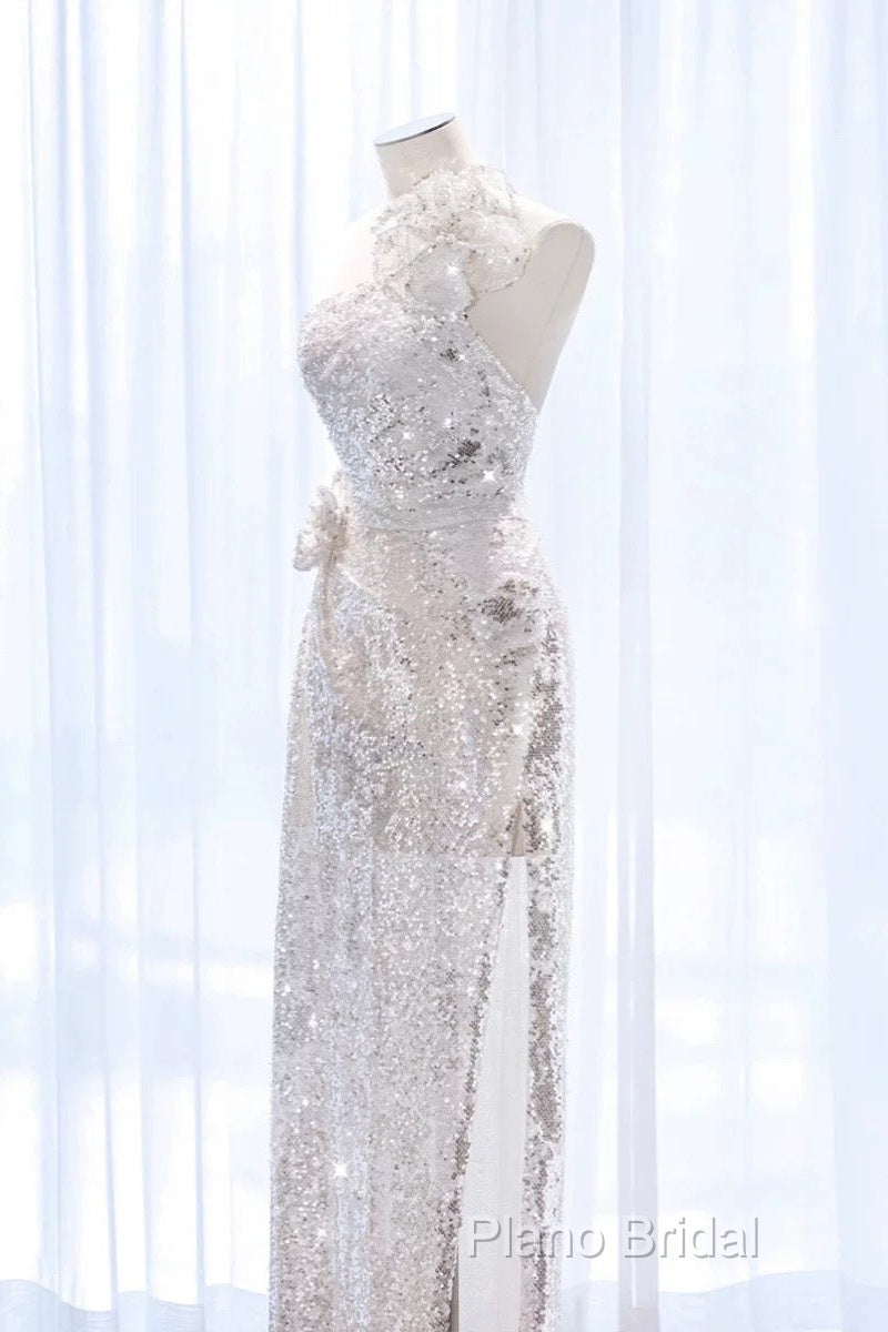 Pretty A Line One Shoulder Silver Sequin Long Length Formal Dresses Formal Prom Dresses