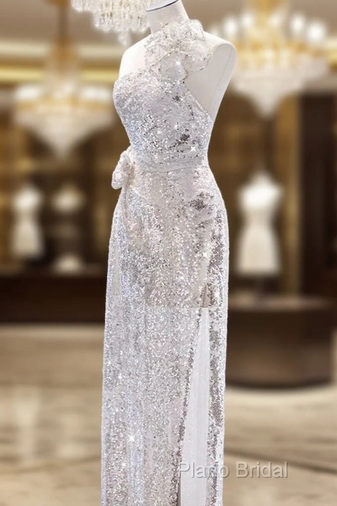 Pretty A Line One Shoulder Silver Sequin Long Length Formal Dresses Formal Prom Dresses