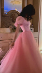 Pretty A Line Short Sleeves Pink Tulle Long Formal Prom Dresses Formal Evening Dresses