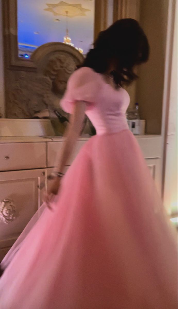 Pretty A Line Short Sleeves Pink Tulle Long Formal Prom Dresses Formal Evening Dresses Main image