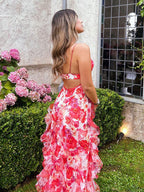 Pretty A Line Spaghetti Straps Floral Red Sleeveless Ruffles Formal Evening Formal Prom Dresses