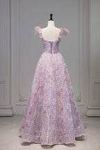 Pretty A Line Spaghetti Straps Pink Floral Long Length Evening Dresses Formal Prom Dresses