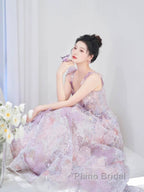 Pretty A Line Spaghetti Straps Pink Floral Long Length Evening Dresses Formal Prom Dresses