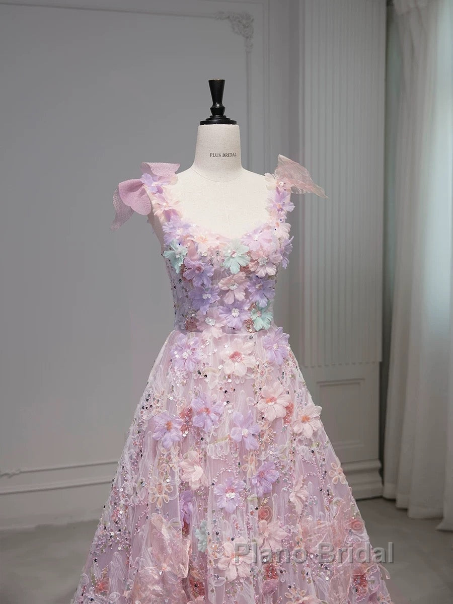 Pretty A Line Spaghetti Straps Pink Floral Long Length Evening Dresses Formal Prom Dresses