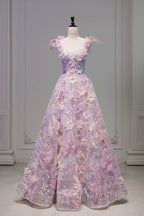 Pretty A Line Spaghetti Straps Pink Floral Long Length Evening Dresses Formal Prom Dresses