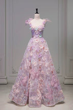Pretty A Line Spaghetti Straps Pink Floral Long Length Evening Dresses Formal Prom Dresses