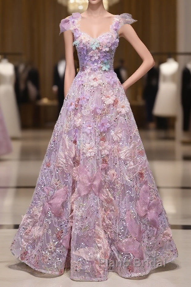 Pretty A Line Spaghetti Straps Pink Floral Long Length Evening Dresses Formal Prom Dresses