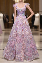 Pretty A Line Spaghetti Straps Pink Floral Long Length Evening Dresses Formal Prom Dresses