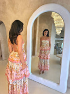 Pretty A Line Spaghetti Straps Pink Floral Ruffles Backless Long Formal Prom Dresses Formal Evening Dresses