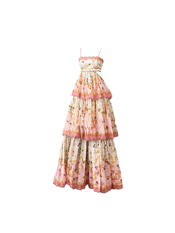 Pretty A Line Spaghetti Straps Pink Floral Ruffles Backless Long Formal Prom Dresses Formal Evening Dresses
