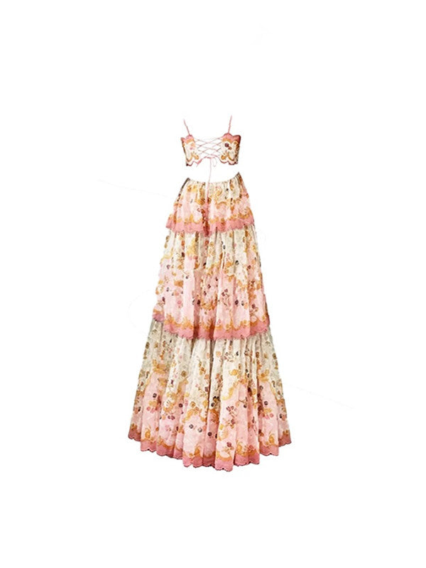 Pretty A Line Spaghetti Straps Pink Floral Ruffles Backless Long Formal Prom Dresses Formal Evening Dresses