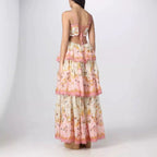 Pretty A Line Spaghetti Straps Pink Floral Ruffles Backless Long Formal Prom Dresses Formal Evening Dresses