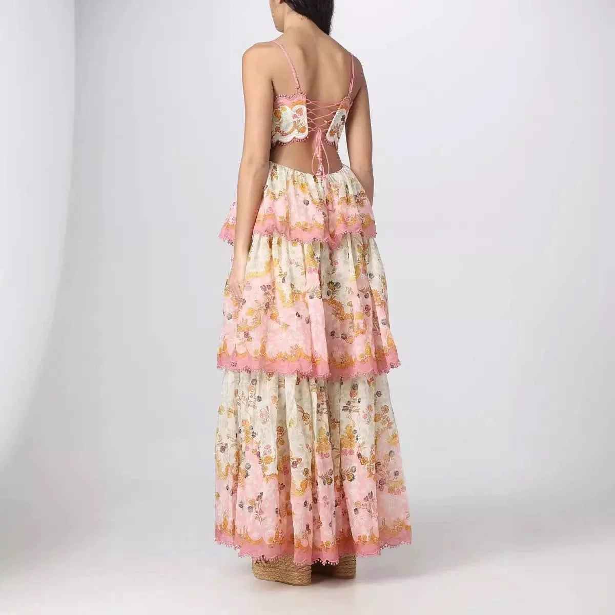Pretty A Line Spaghetti Straps Pink Floral Ruffles Backless Long Formal Prom Dresses Formal Evening Dresses