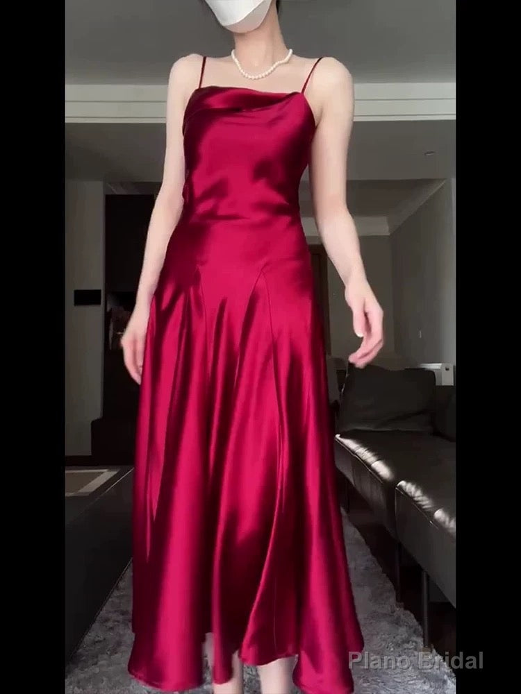 Pretty A Line Spaghetti Straps Red Satin Long Floor Length Prom Dresses