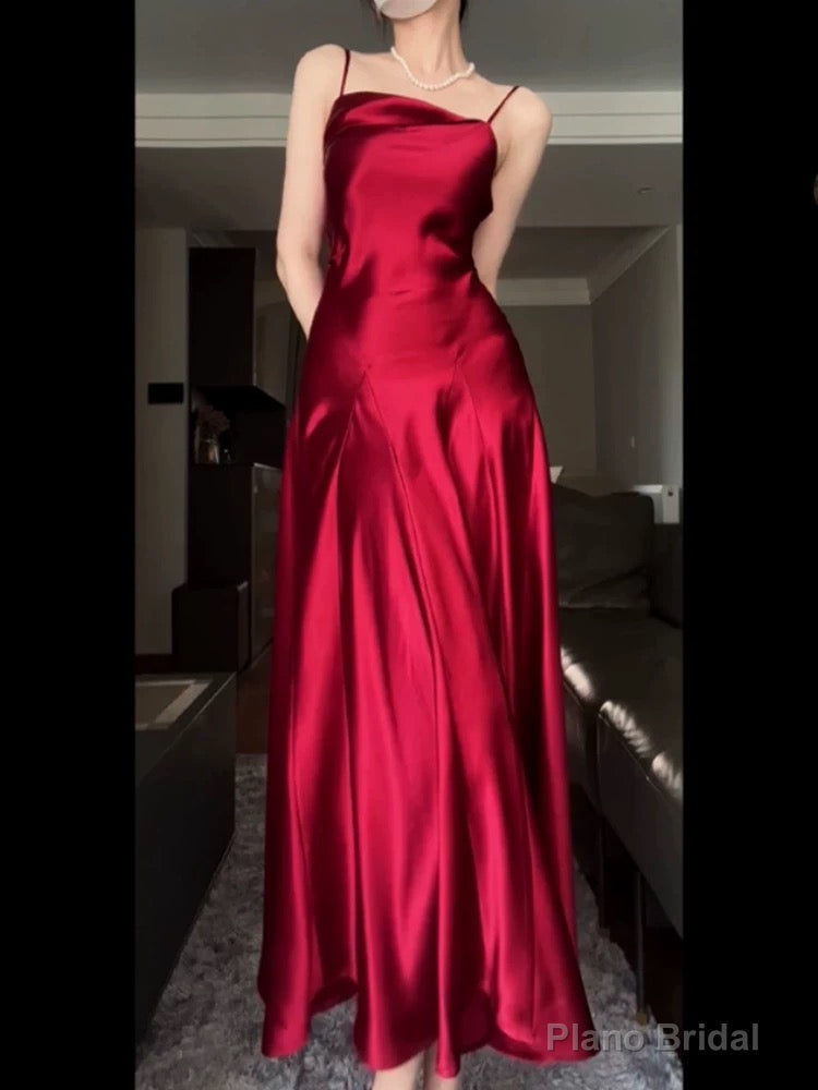 Pretty A Line Spaghetti Straps Red Satin Long Floor Length Prom Dresses Main image
