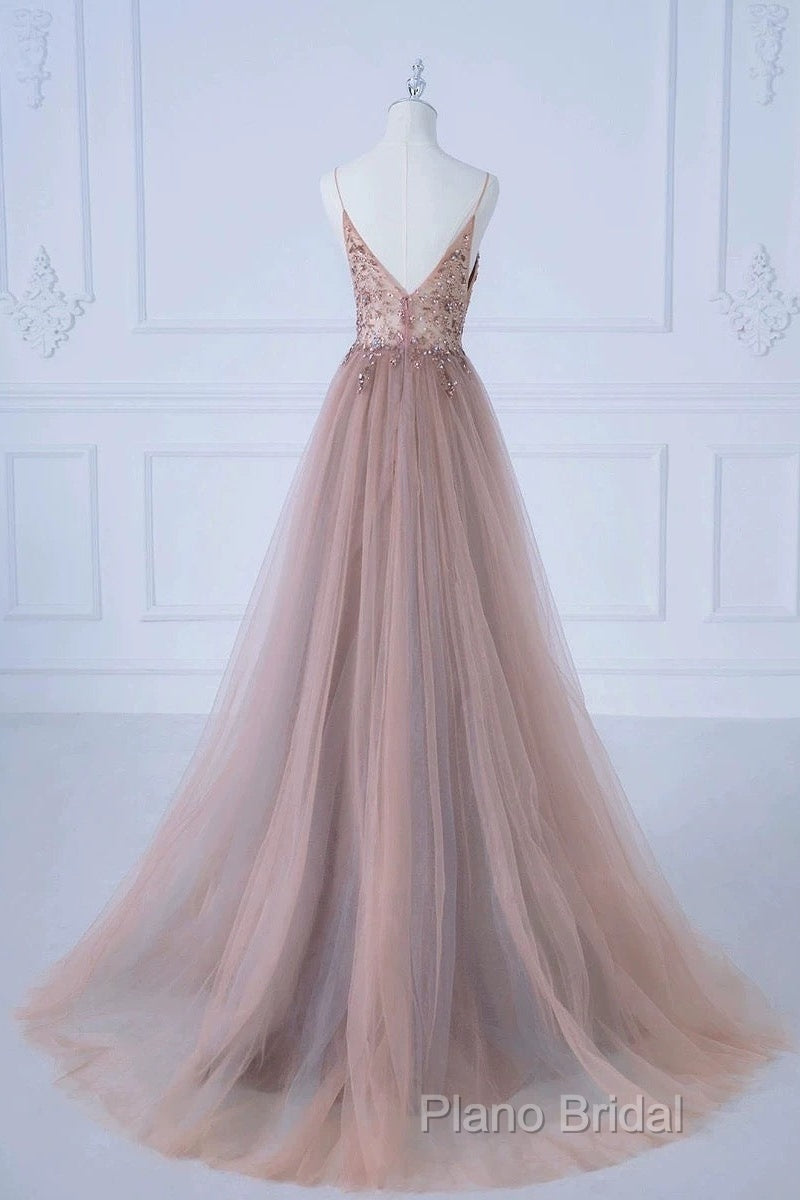 Pretty A Line Spaghetti Straps Tulle Long Length Formal Dresses Formal Prom Dresses