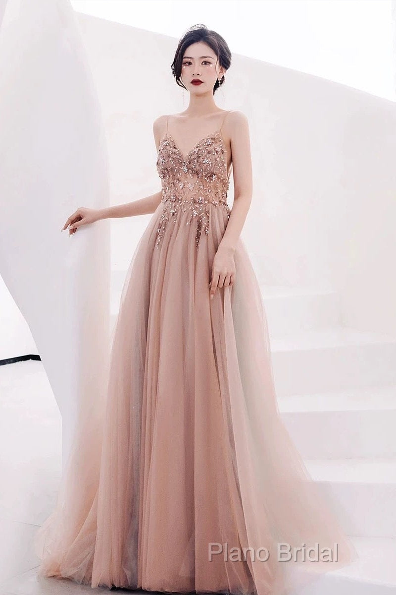 Pretty A Line Spaghetti Straps Tulle Long Length Formal Dresses Formal Prom Dresses