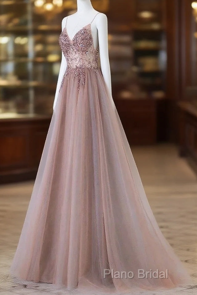 Pretty A Line Spaghetti Straps Tulle Long Length Formal Dresses Formal Prom Dresses Main image
