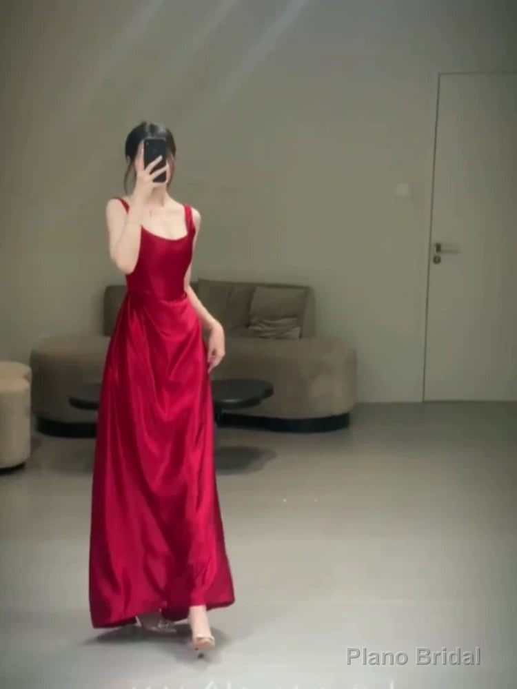 Pretty A line Straps Red Satin Long Floor Length Prom Dresses Secondary image