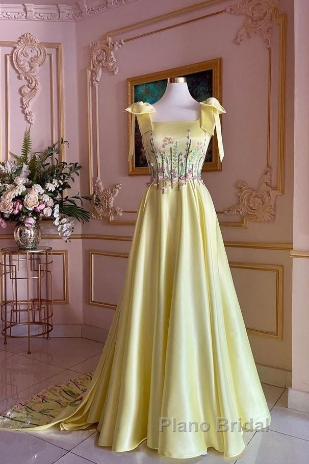 Pretty A Line Straps Satin Yellow Long Formal Prom Dresses Formal Evening Dresses Secondary image