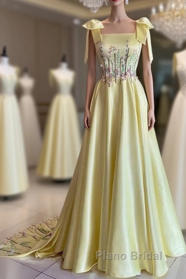 Pretty A Line Straps Satin Yellow Long Formal Prom Dresses Formal Evening Dresses Main image
