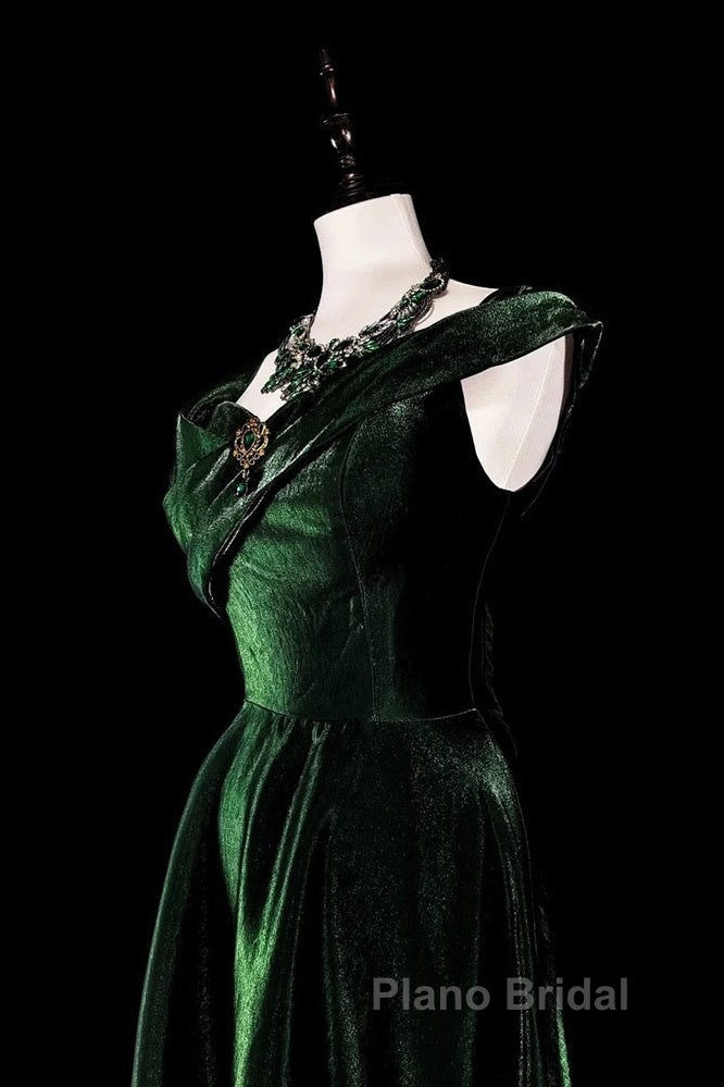 Pretty A Line Sweetheart Ruffles Long Evening Dresses Green Velvet Formal Prom Dresses