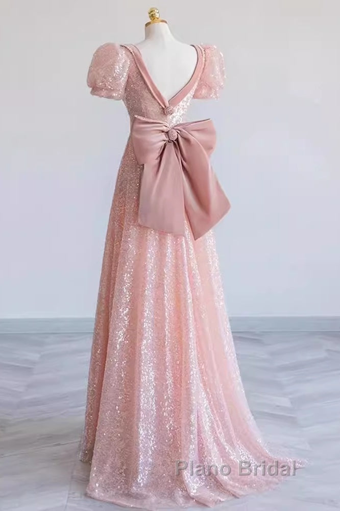 Pretty A Line Sweetheart Short Sleeves Long Evening Party Dresses Pink Formal Prom Dresses
