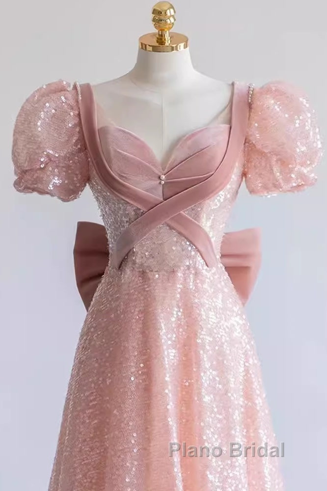 Pretty A Line Sweetheart Short Sleeves Long Evening Party Dresses Pink Formal Prom Dresses